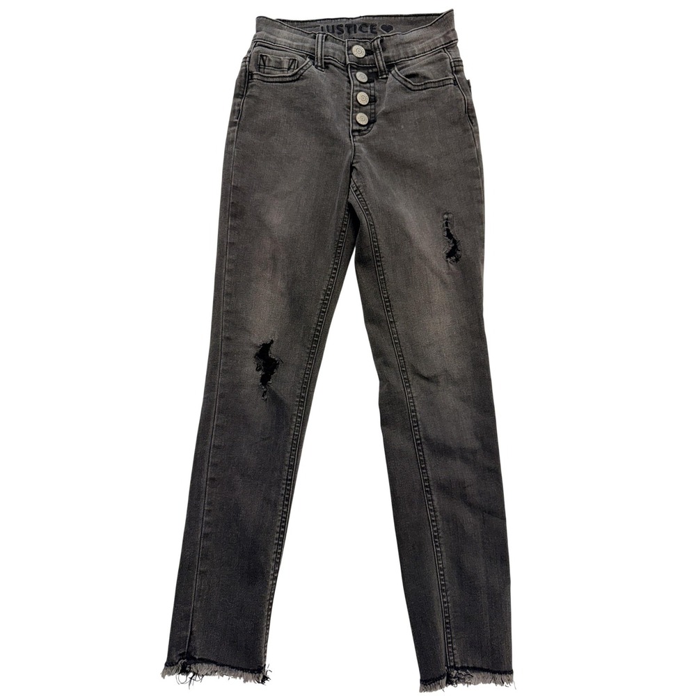 Justice Jeans Girls 10 Slim Gray Skinny Distressed Button Fly Raw Hem Stretch